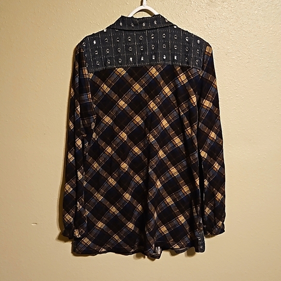 Simply Couture Top Button Up Flannel Plaid shirt Distressed Denim - Picture 8 of 11